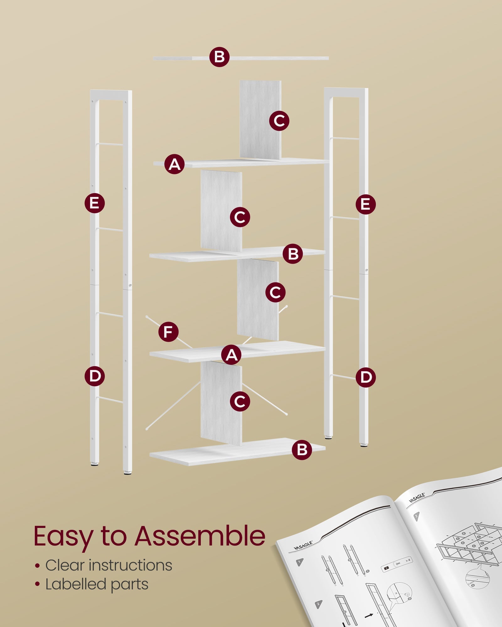 5-Tier Standing Bookshelf – Steel – Maple White and Cloud White – Stable Structure