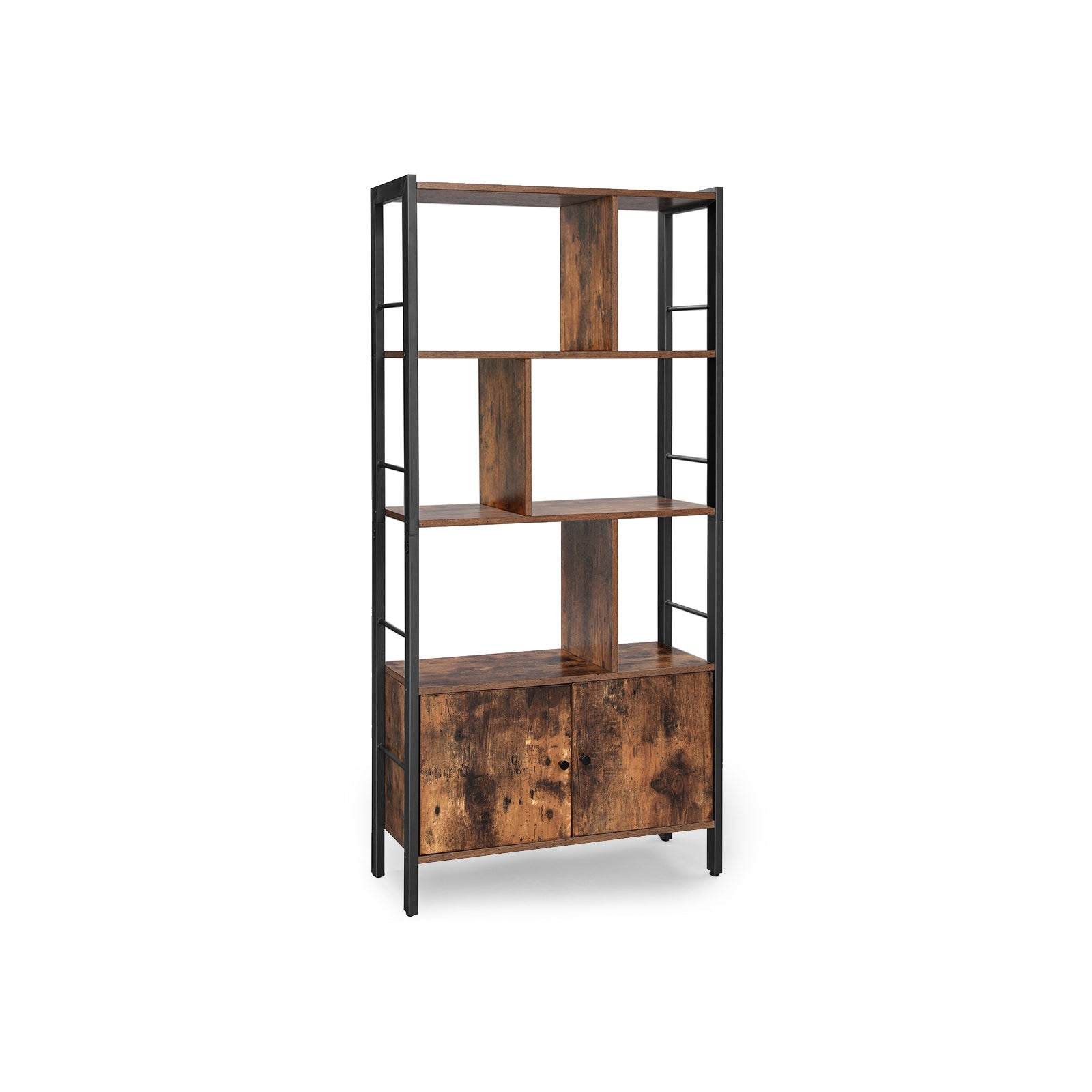 Large Bookcase – Steel – Rustic Brown and Black – Industrial Style with Doors and 4 Shelves