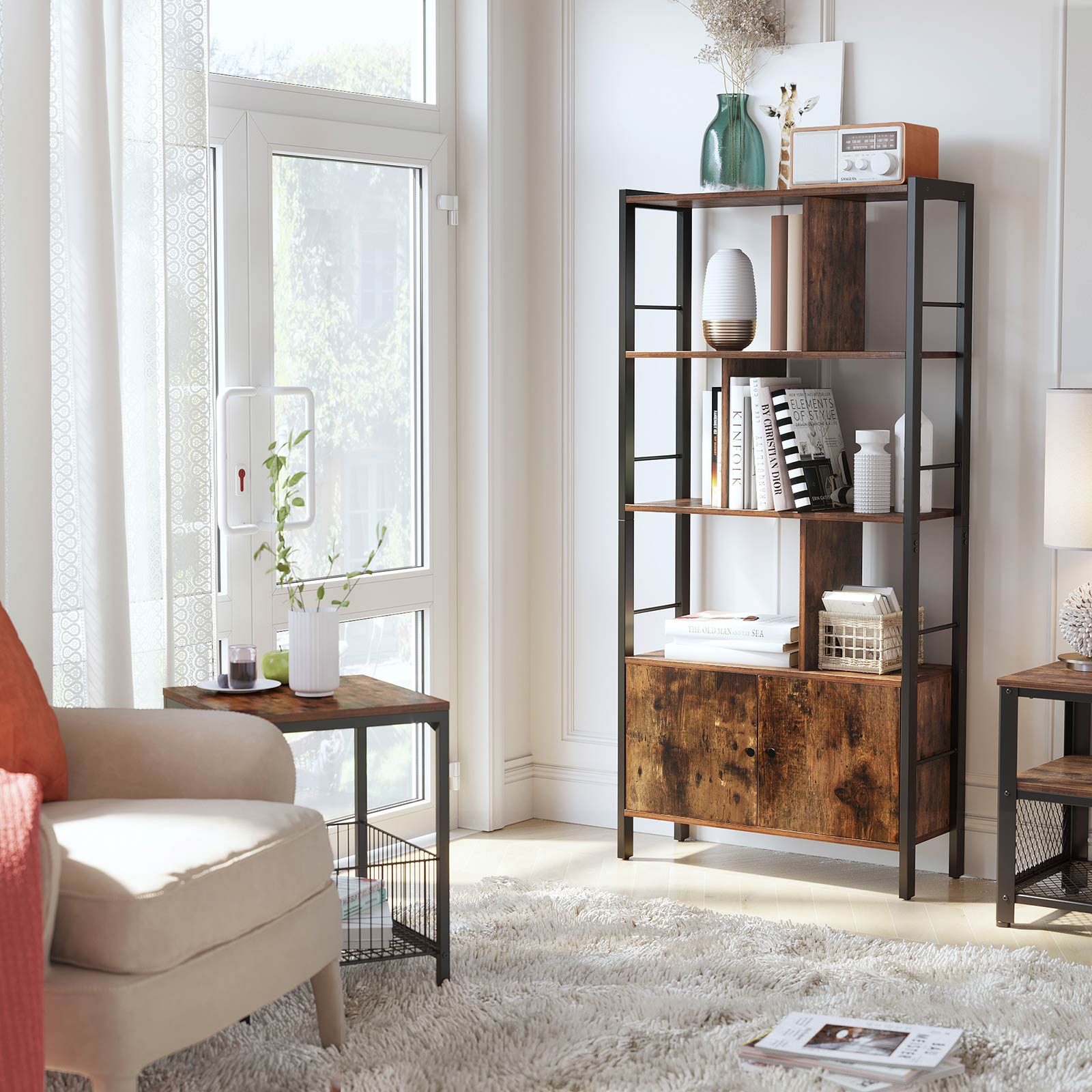 Large Bookcase – Steel – Rustic Brown and Black – Industrial Style with Doors and 4 Shelves