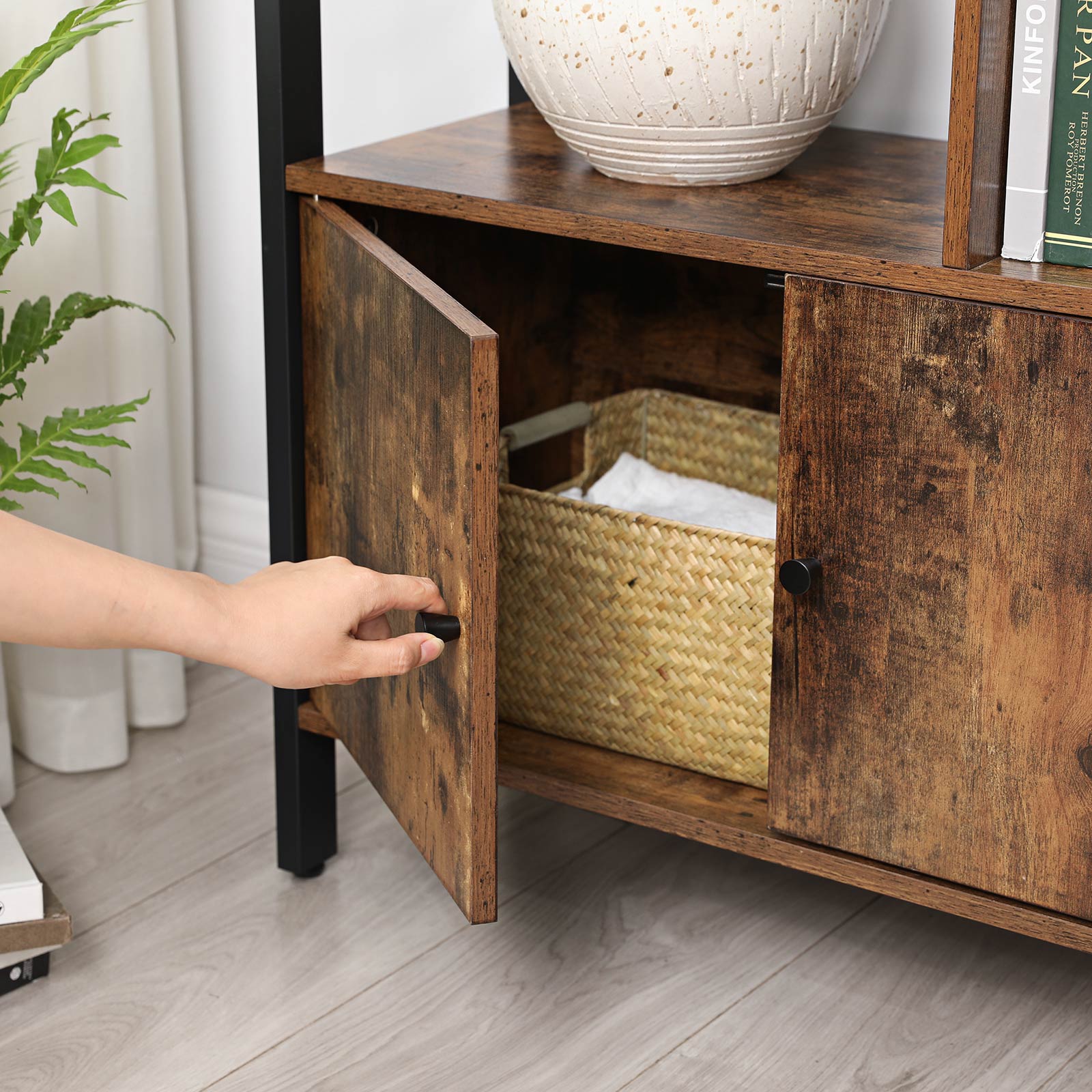 Large Bookcase – Steel – Rustic Brown and Black – Industrial Style with Doors and 4 Shelves