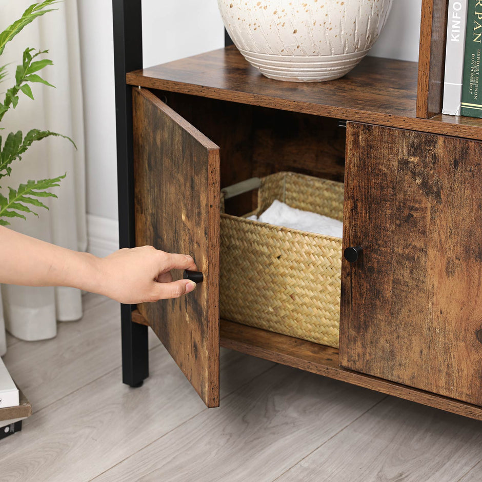 Large Bookcase – Steel – Rustic Brown and Black – Industrial Style with Doors and 4 Shelves