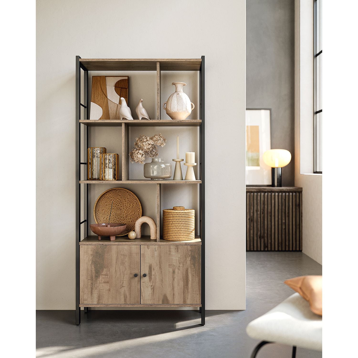 Large Bookcase – Steel – Rustic Brown and Black – Industrial Style with Doors and 4 Shelves
