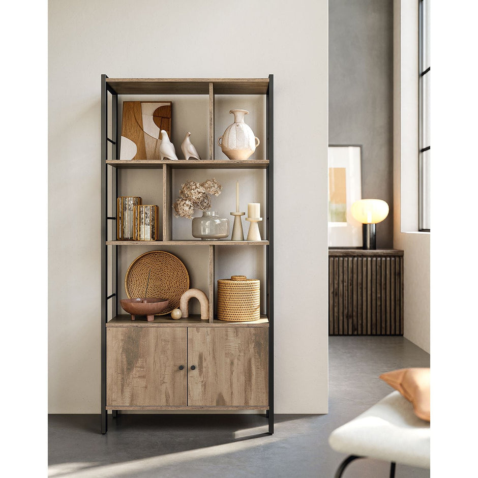 Large Bookcase – Steel – Rustic Brown and Black – Industrial Style with Doors and 4 Shelves