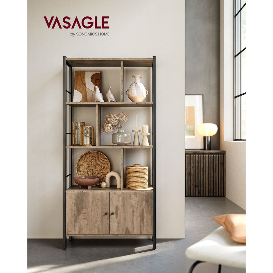 Large Bookcase – Steel – Rustic Brown and Black – Industrial Style with Doors and 4 Shelves