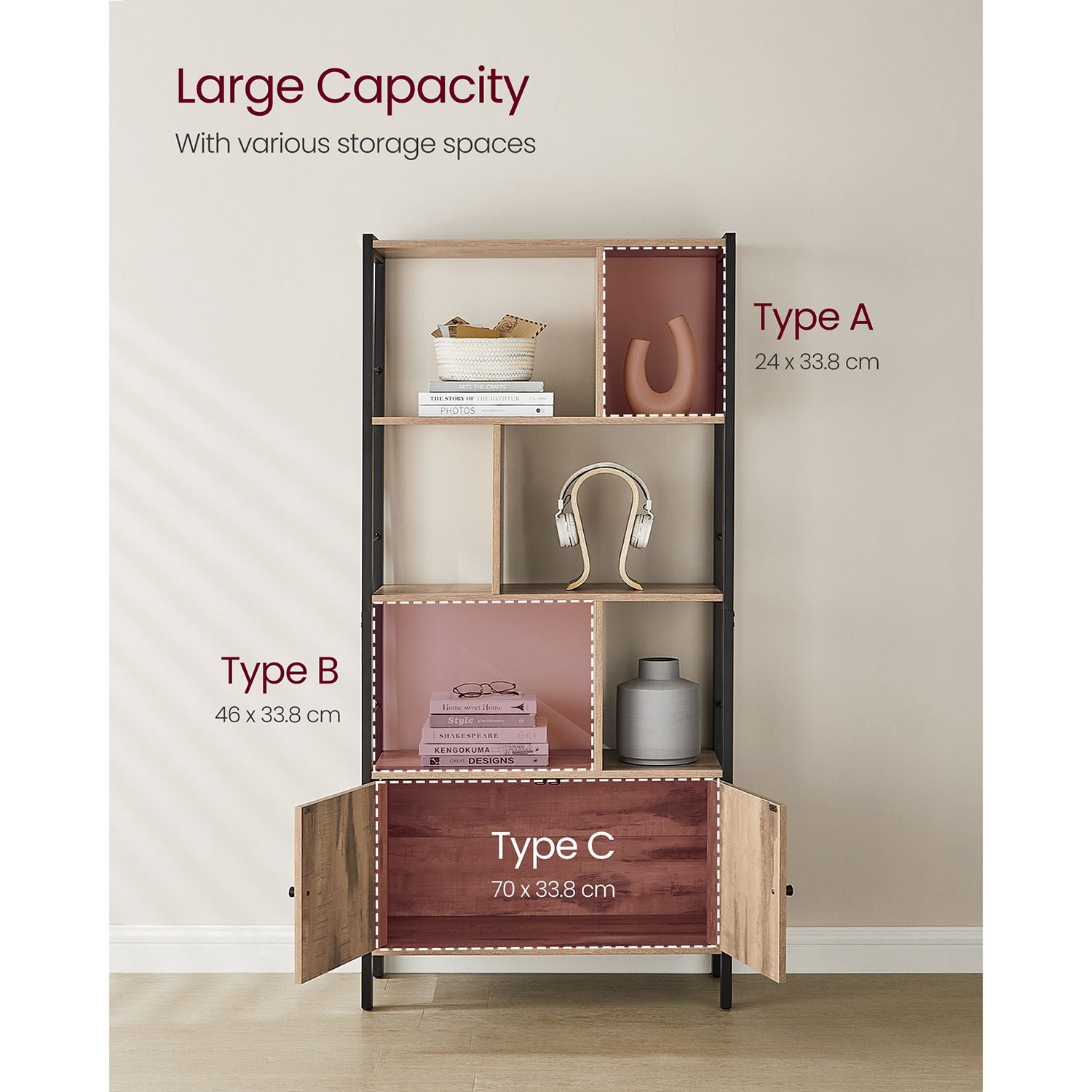 Large Bookcase – Steel – Rustic Brown and Black – Industrial Style with Doors and 4 Shelves