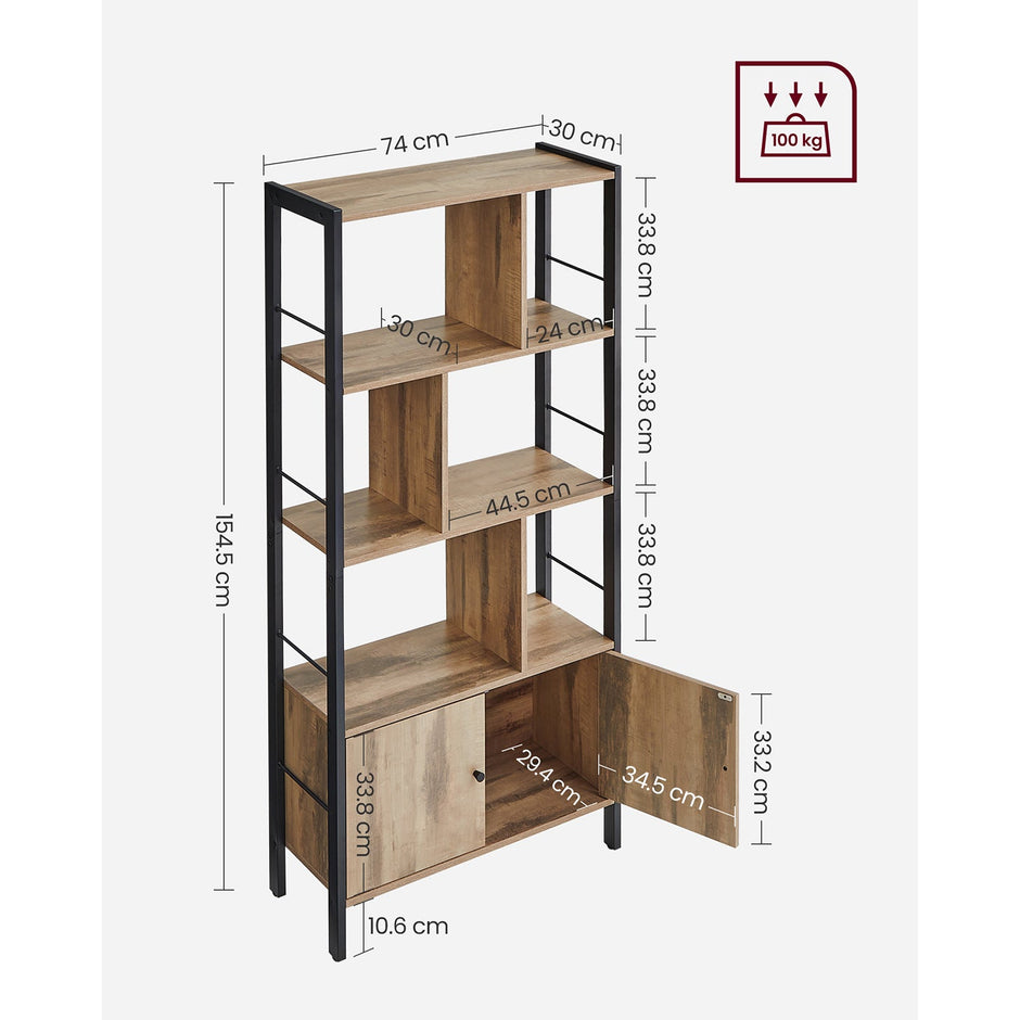 Large Bookcase – Steel – Rustic Brown and Black – Industrial Style with Doors and 4 Shelves