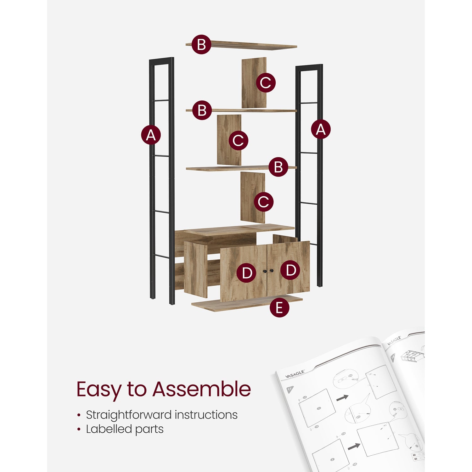 Large Bookcase – Steel – Rustic Brown and Black – Industrial Style with Doors and 4 Shelves
