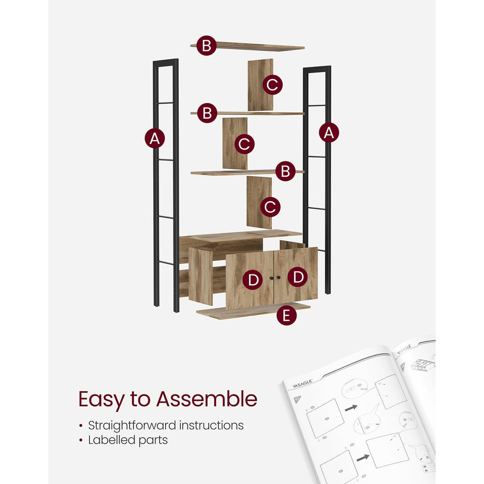 Large Bookcase – Steel – Rustic Brown and Black – Industrial Style with Doors and 4 Shelves