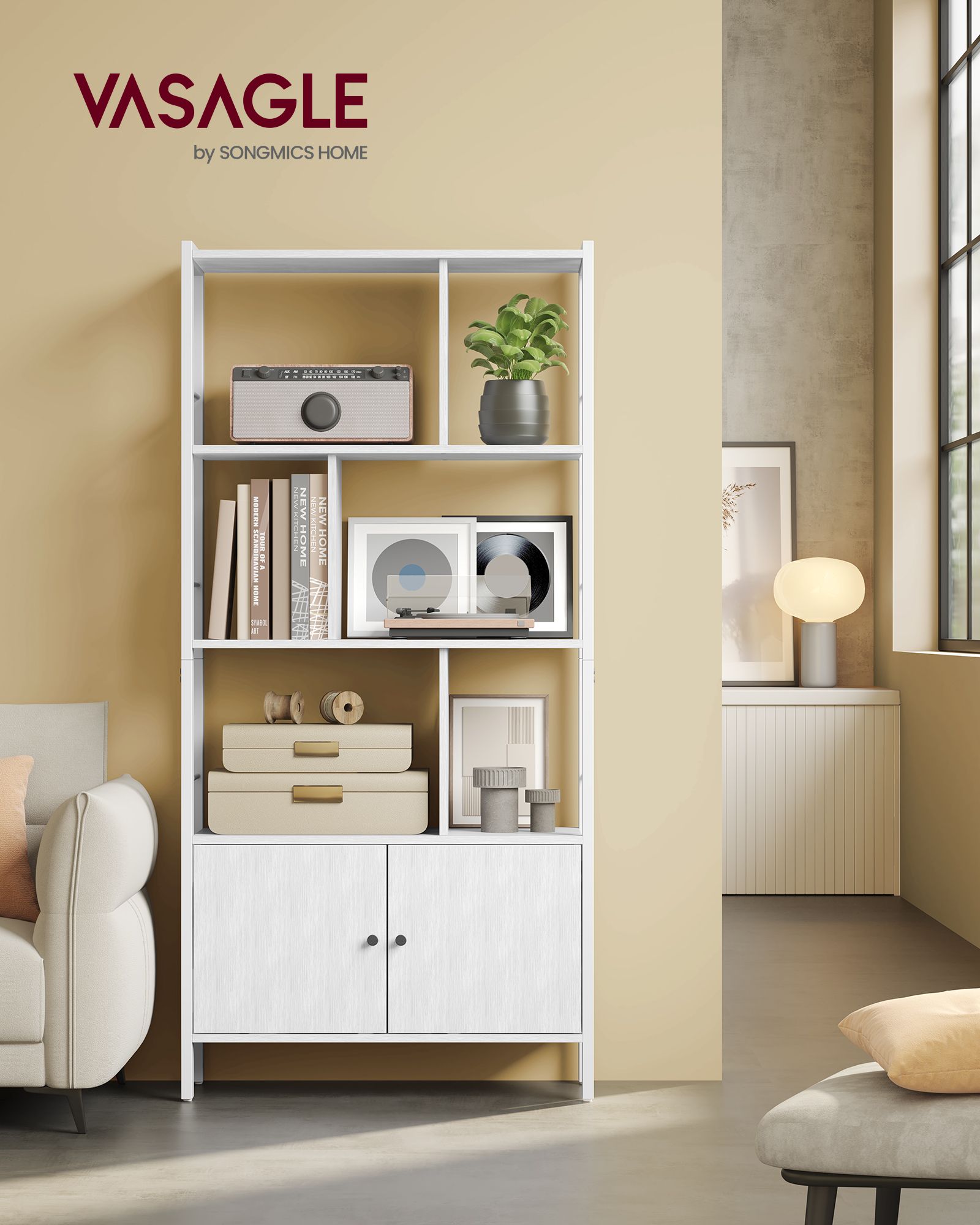 Bookshelf with Doors – Steel and Wood – Maple White and Cloud White – Industrial Style with 4 Shelves