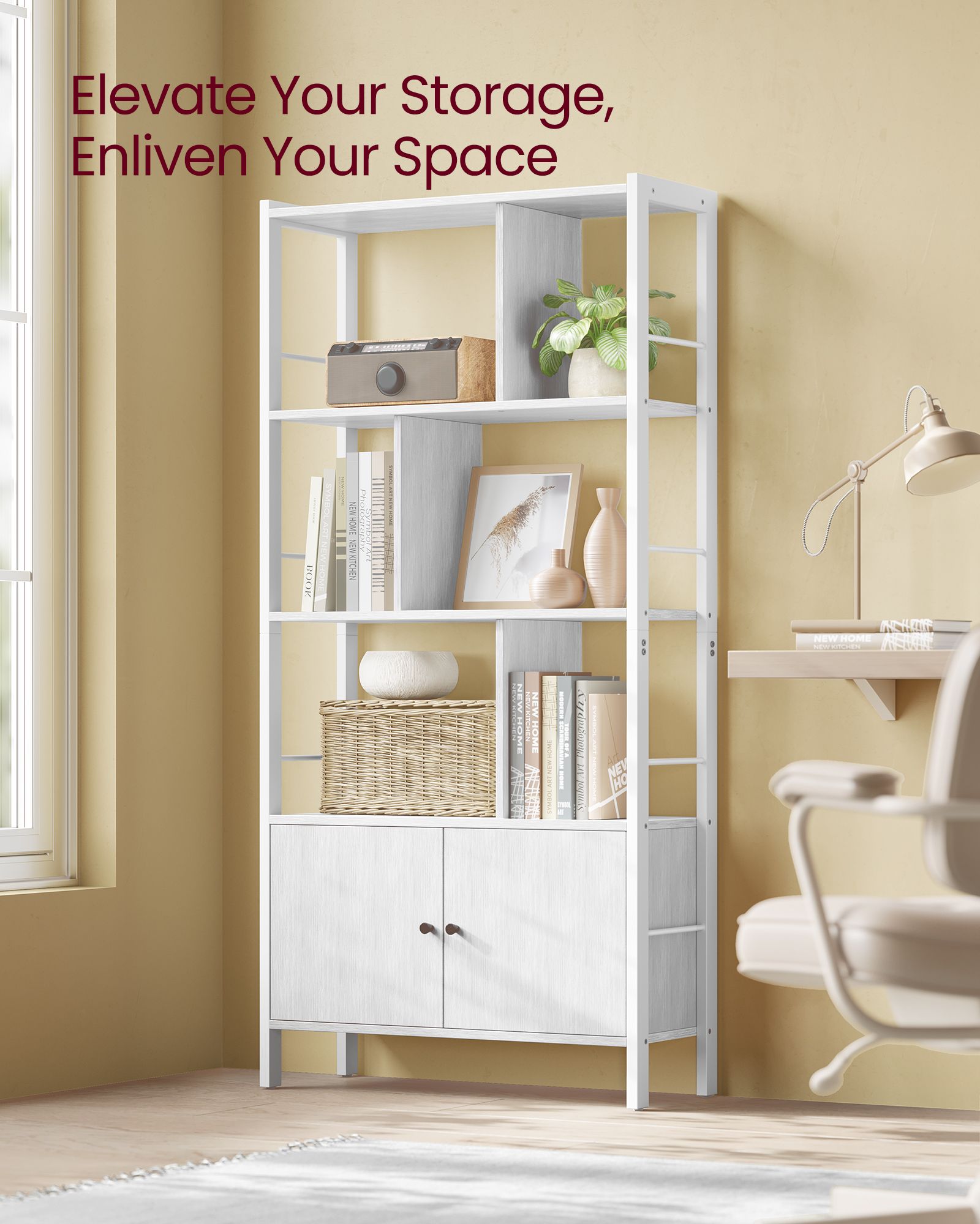 Bookshelf with Doors – Steel and Wood – Maple White and Cloud White – Industrial Style with 4 Shelves