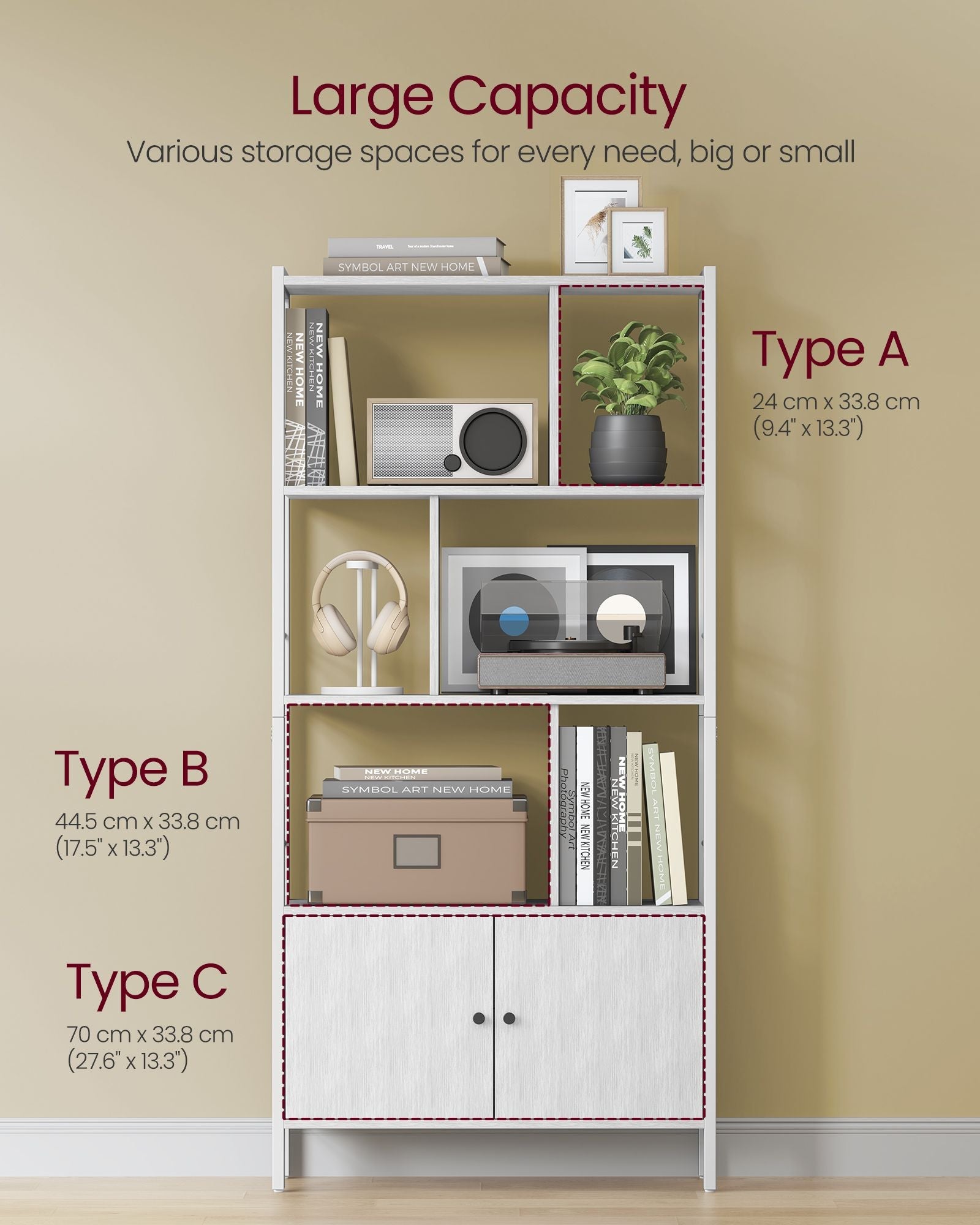 Bookshelf with Doors – Steel and Wood – Maple White and Cloud White – Industrial Style with 4 Shelves