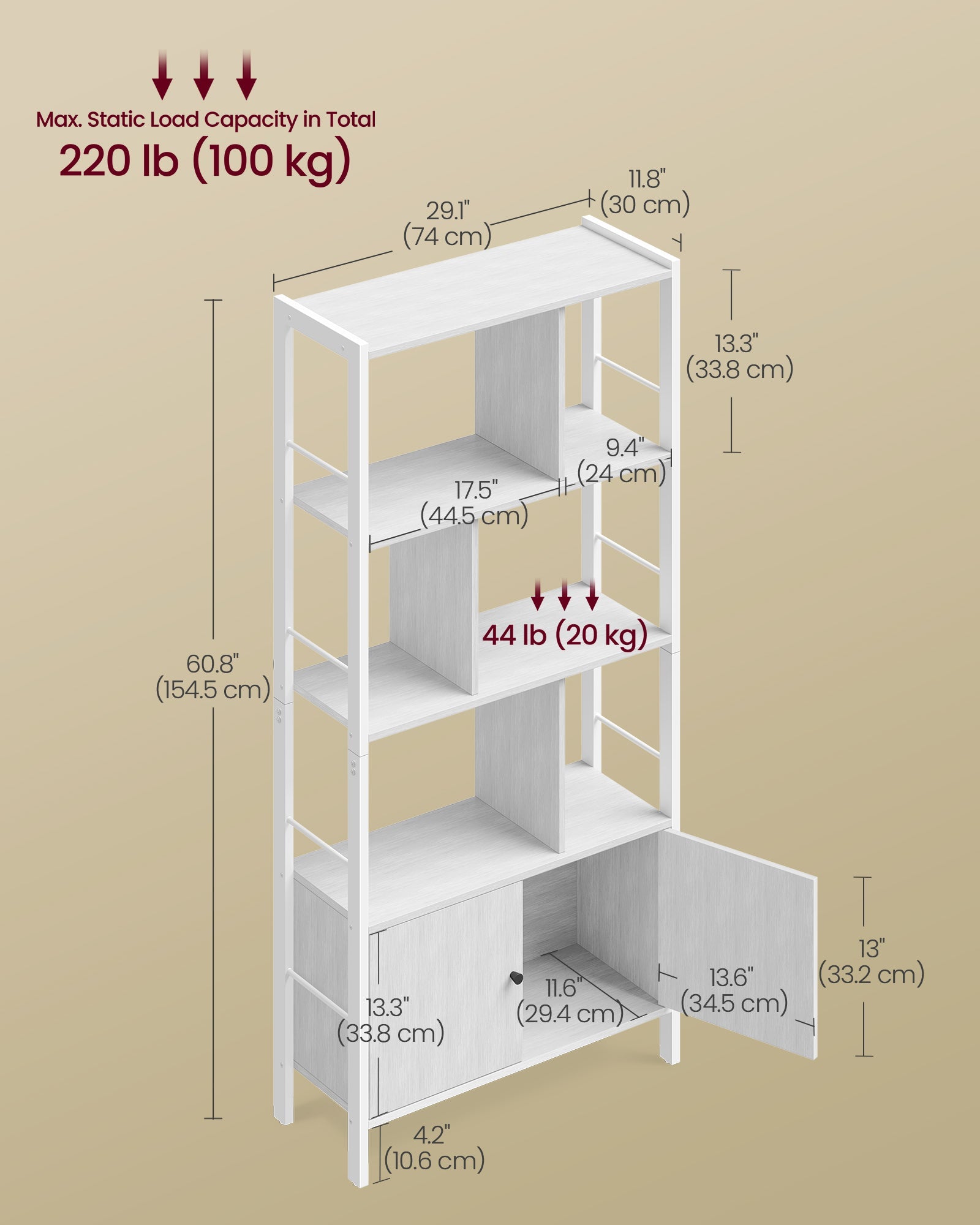 Bookshelf with Doors – Steel and Wood – Maple White and Cloud White – Industrial Style with 4 Shelves