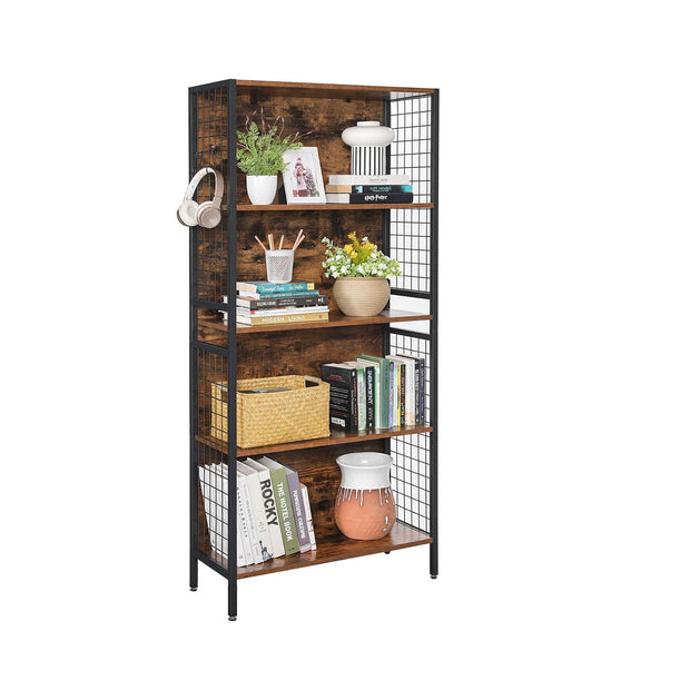 Bookcase – Steel – Rustic Brown and Black – 4 Tiers with S-Shaped Hooks for Storage