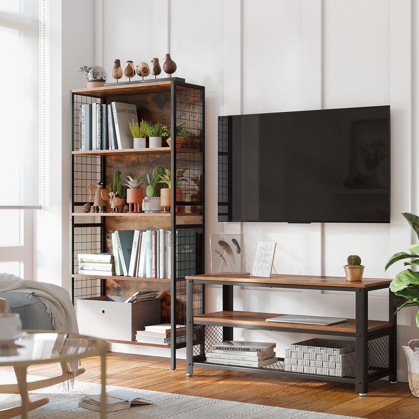 Bookcase – Steel – Rustic Brown and Black – 4 Tiers with S-Shaped Hooks for Storage