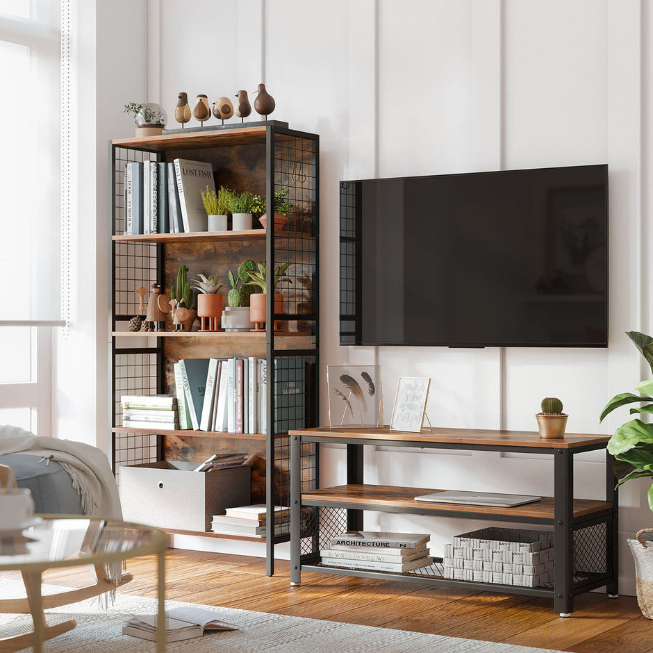 Bookcase – Steel – Rustic Brown and Black – 4 Tiers with S-Shaped Hooks for Storage