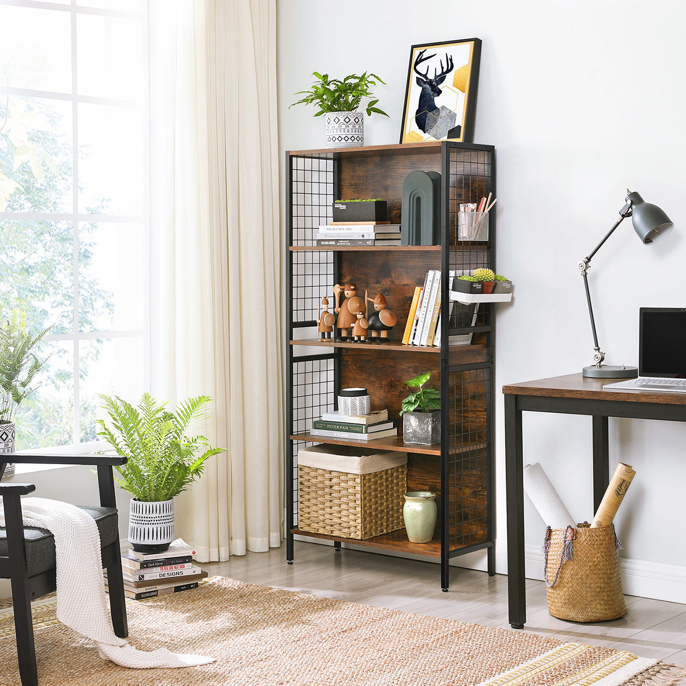 Bookcase – Steel – Rustic Brown and Black – 4 Tiers with S-Shaped Hooks for Storage