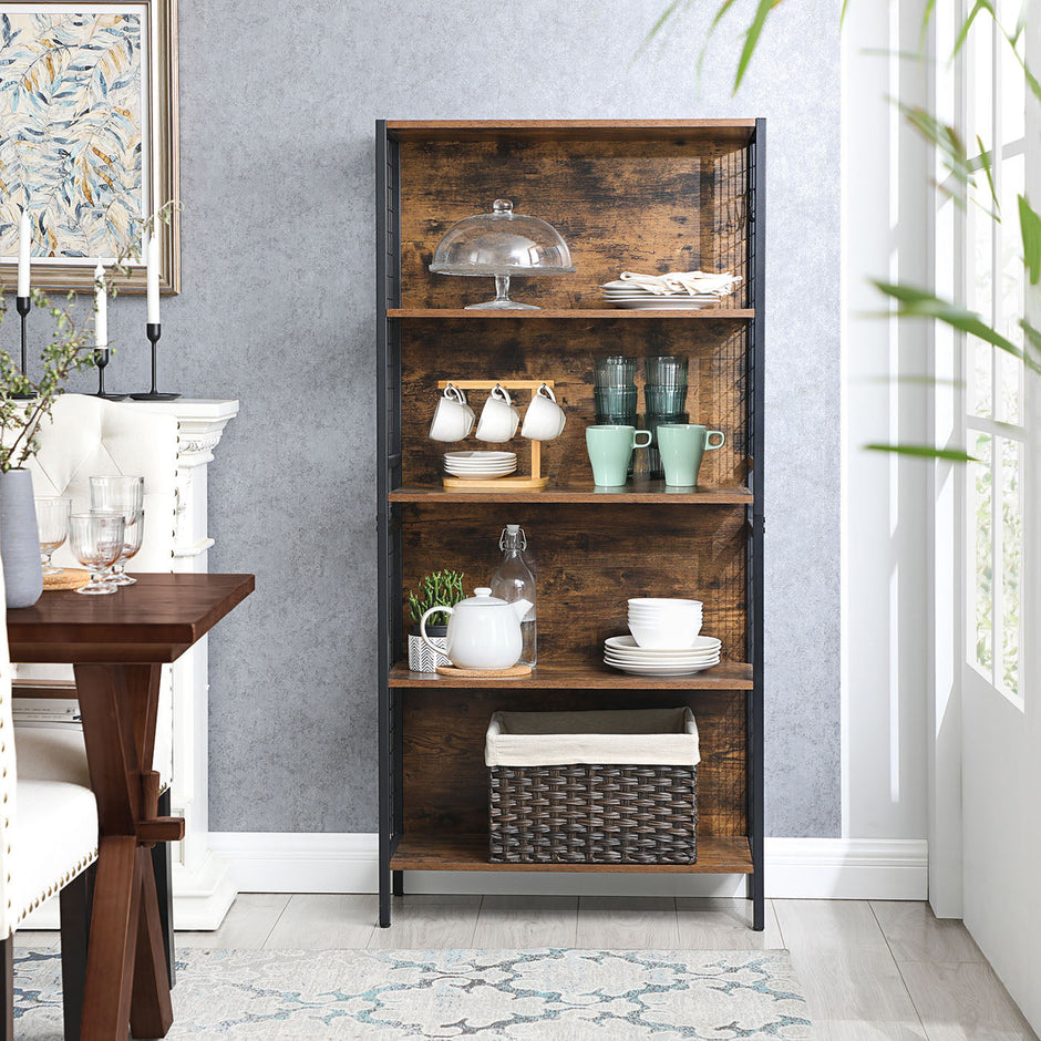 Bookcase – Steel – Rustic Brown and Black – 4 Tiers with S-Shaped Hooks for Storage