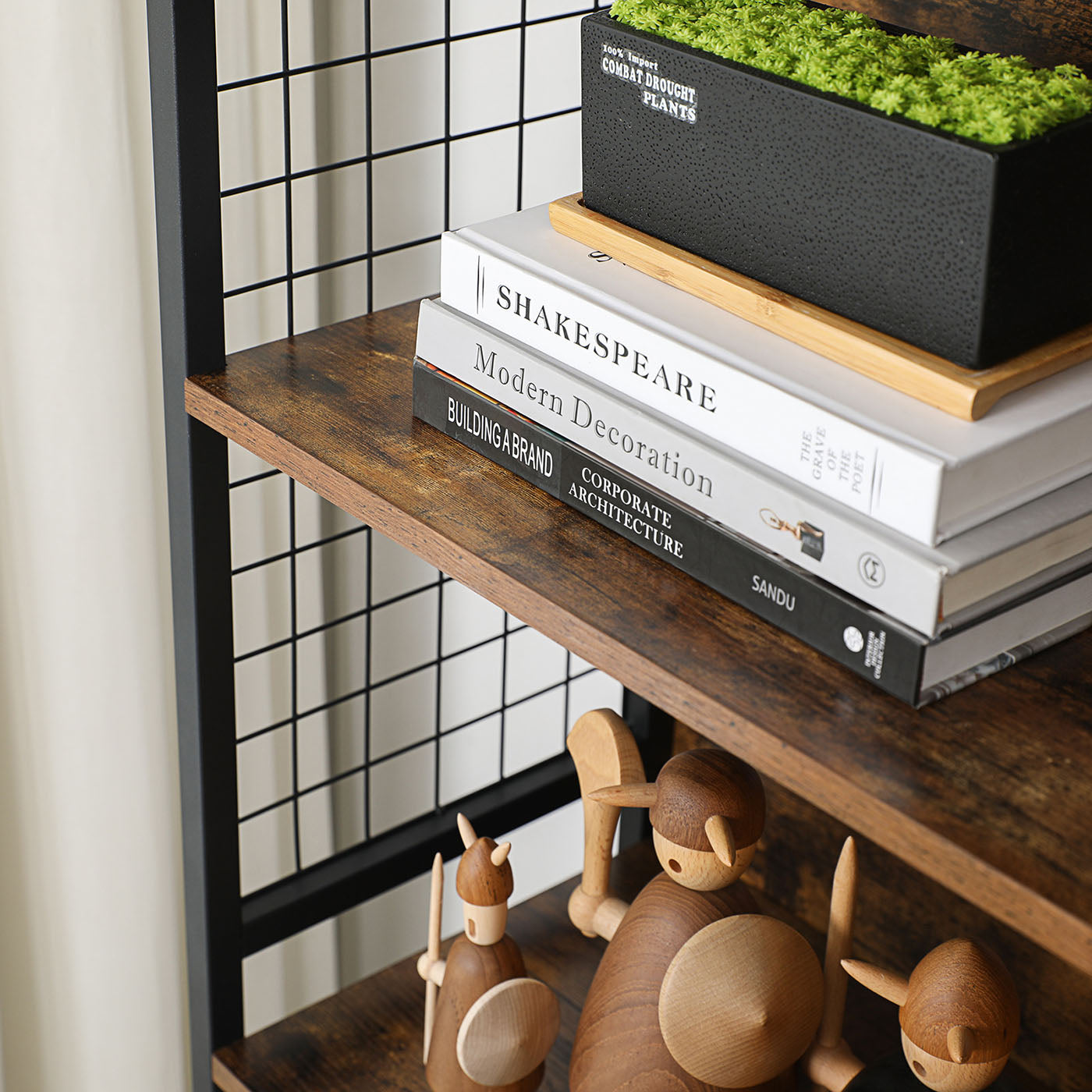 Bookcase – Steel – Rustic Brown and Black – 4 Tiers with S-Shaped Hooks for Storage