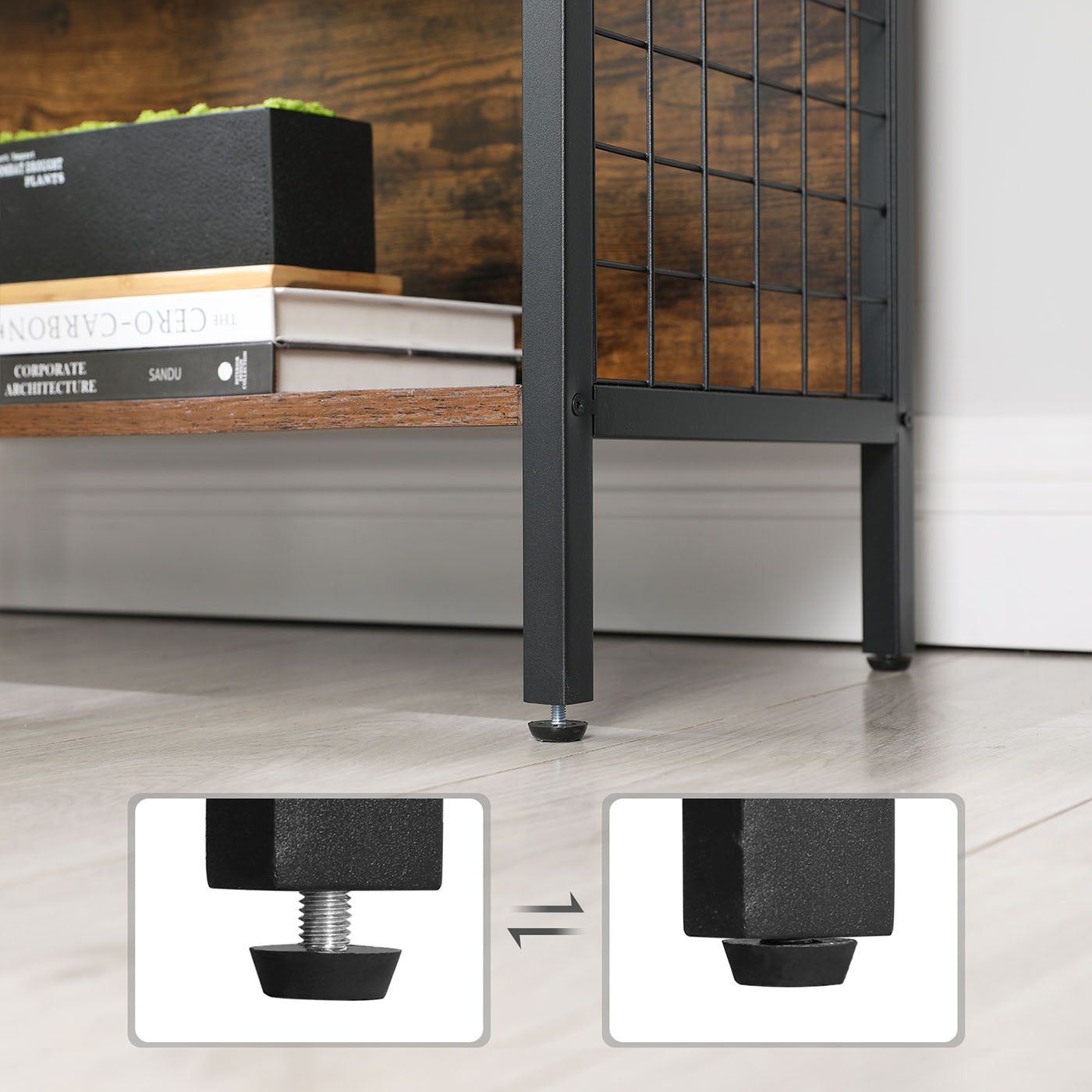 Bookcase – Steel – Rustic Brown and Black – 4 Tiers with S-Shaped Hooks for Storage