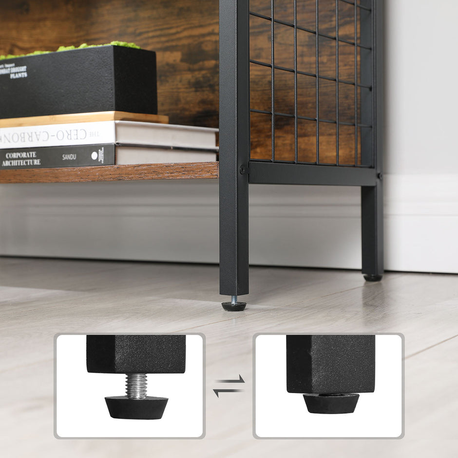 Bookcase – Steel – Rustic Brown and Black – 4 Tiers with S-Shaped Hooks for Storage