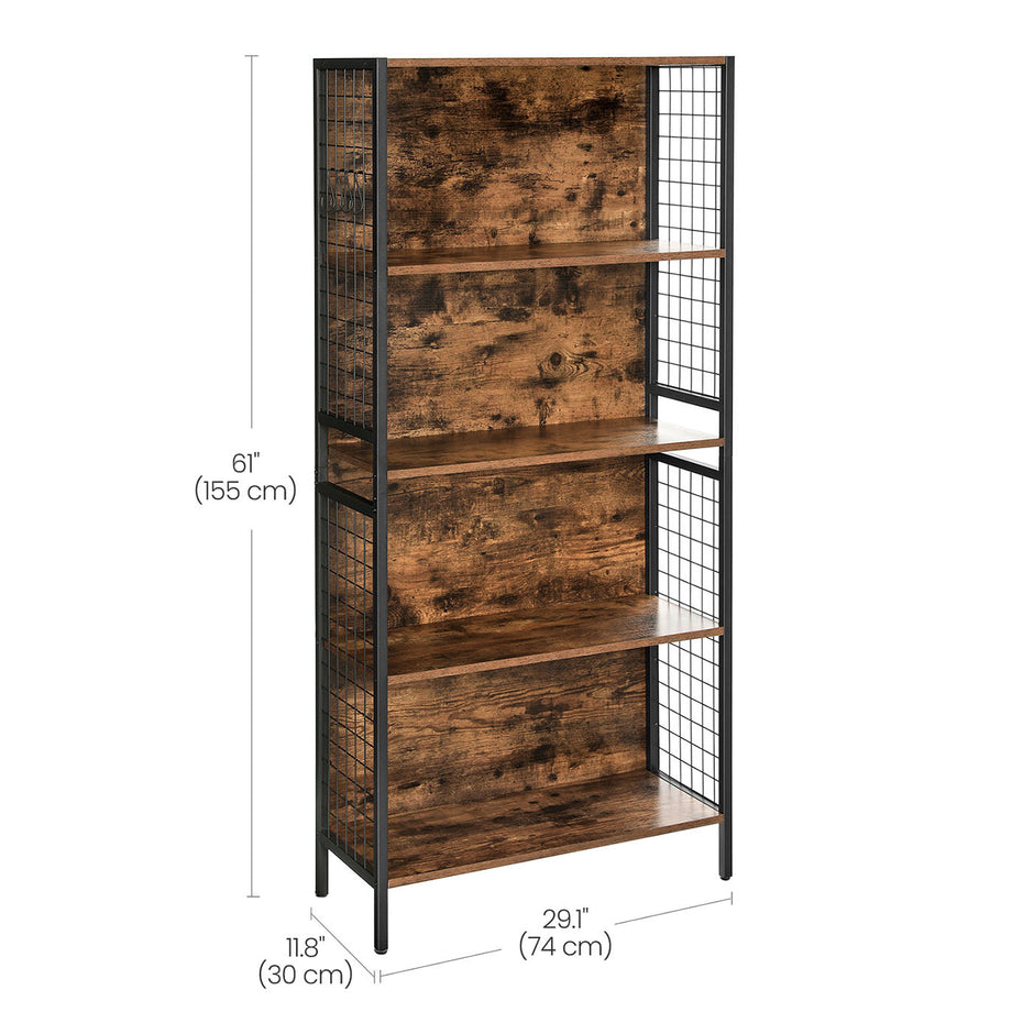 Bookcase – Steel – Rustic Brown and Black – 4 Tiers with S-Shaped Hooks for Storage