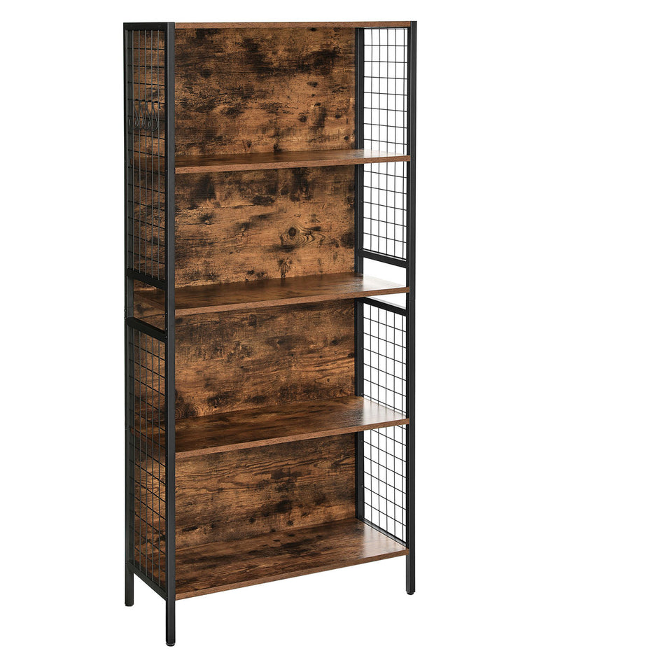 Bookcase – Steel – Rustic Brown and Black – 4 Tiers with S-Shaped Hooks for Storage