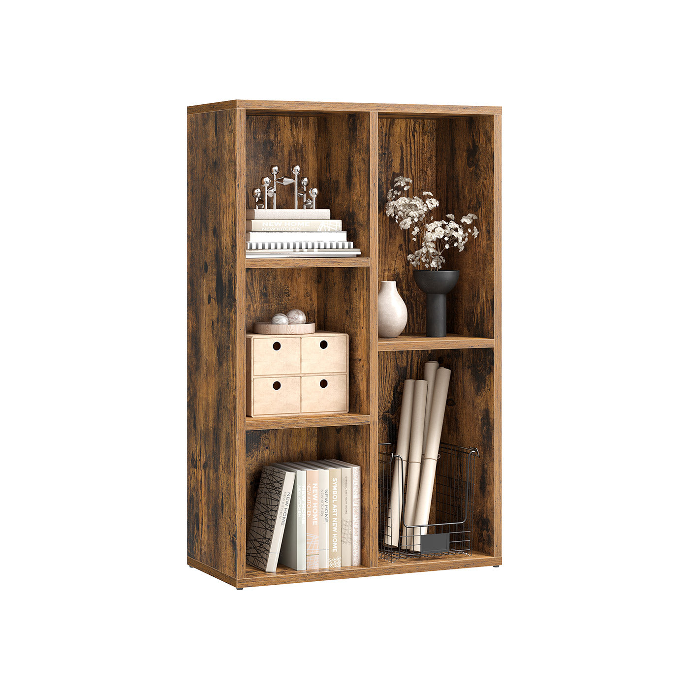 Wooden Bookcase – Oak – 5-Slot Design with Floor Standing Storage