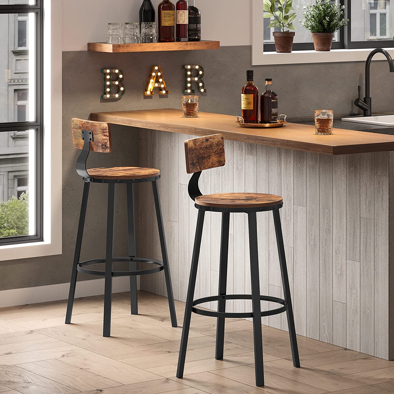 Set of 2 Industrial Bar Stools – Steel – Rustic Brown and Black – Backrests, Heavy-Duty Frame