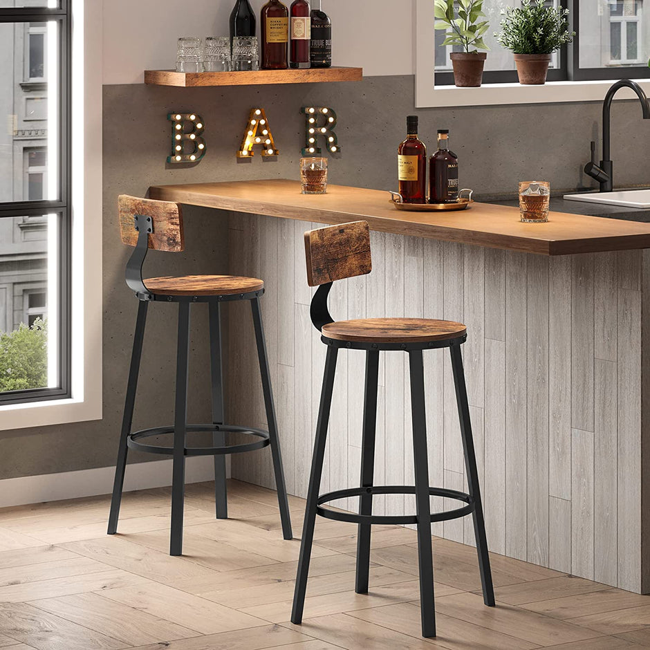 Set of 2 Industrial Bar Stools – Steel – Rustic Brown and Black – Backrests, Heavy-Duty Frame