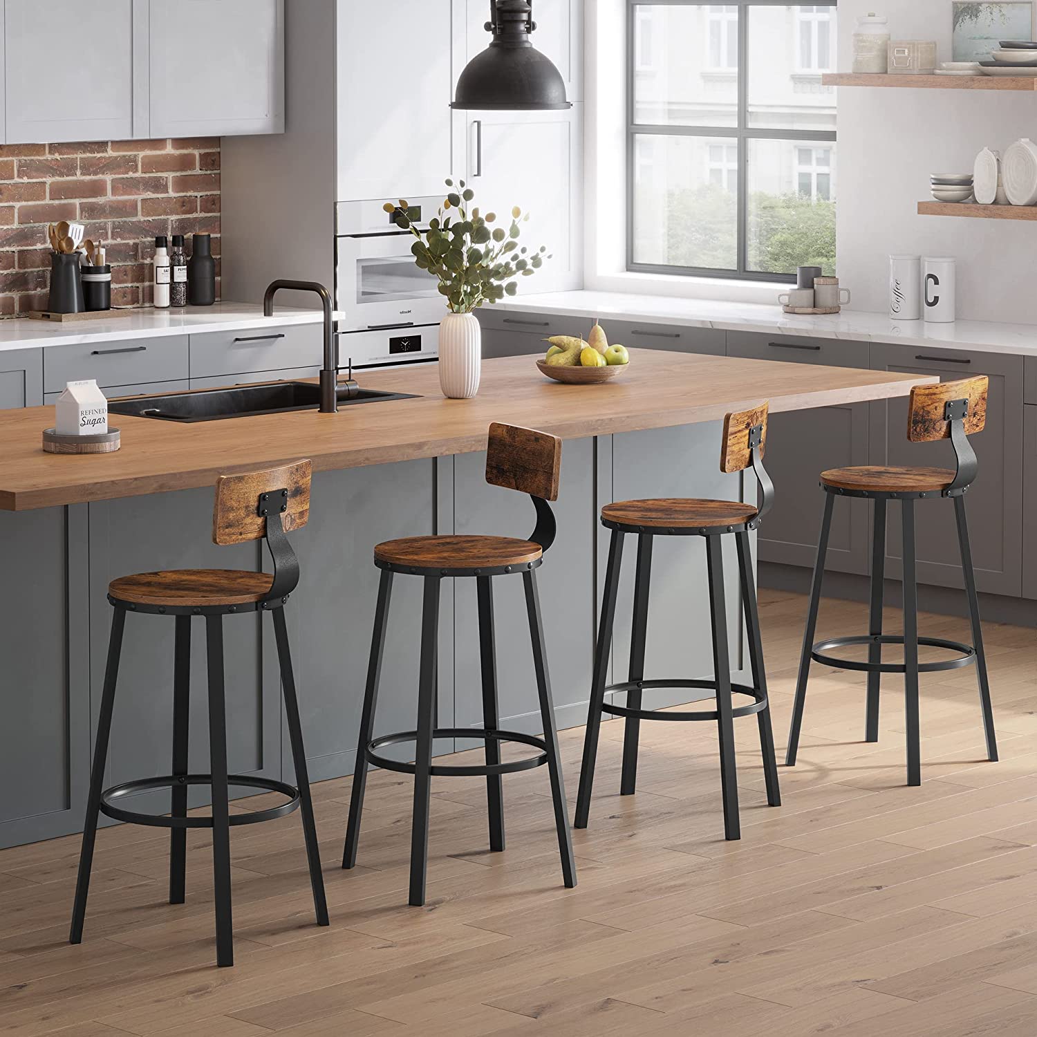 Set of 2 Industrial Bar Stools – Steel – Rustic Brown and Black – Backrests, Heavy-Duty Frame