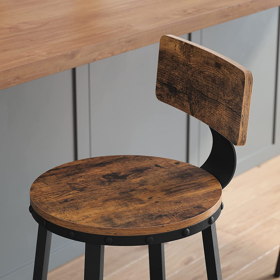 Set of 2 Industrial Bar Stools – Steel – Rustic Brown and Black – Backrests, Heavy-Duty Frame