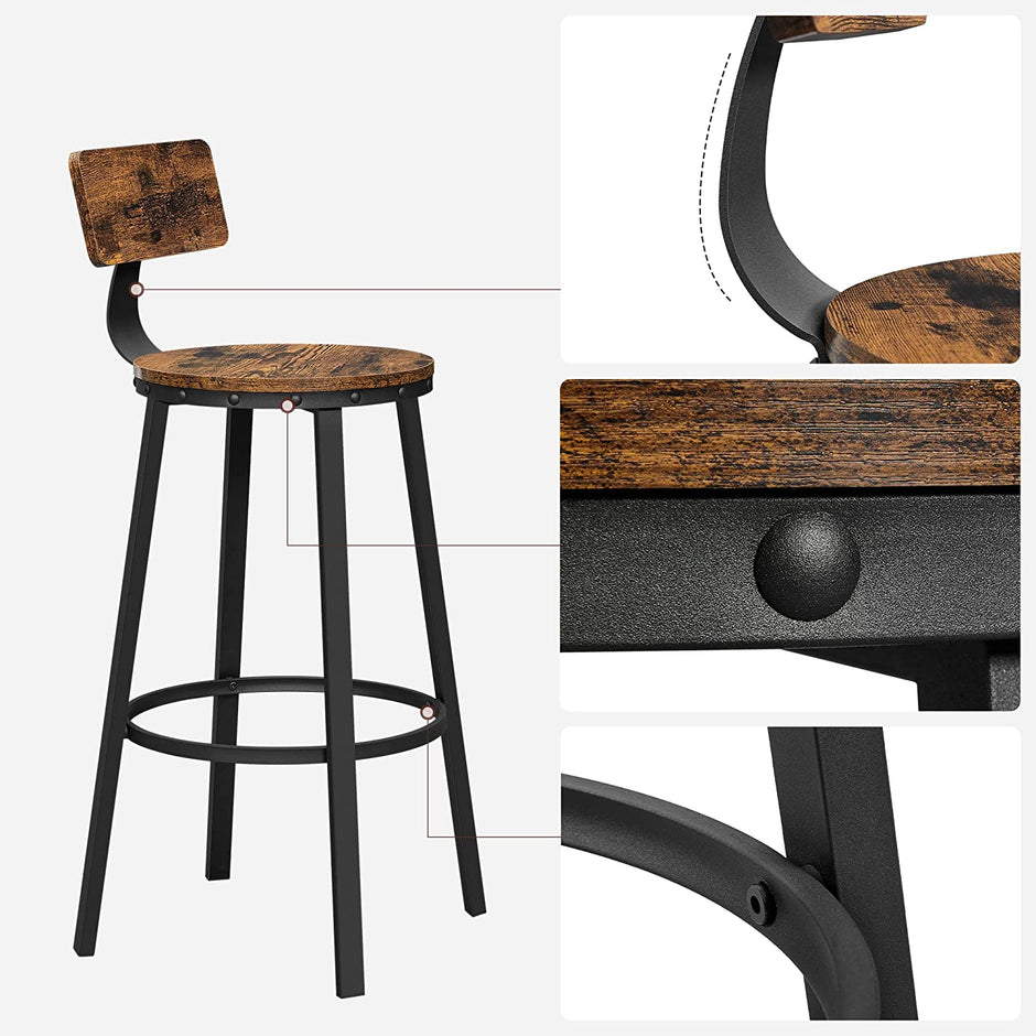 Set of 2 Industrial Bar Stools – Steel – Rustic Brown and Black – Backrests, Heavy-Duty Frame