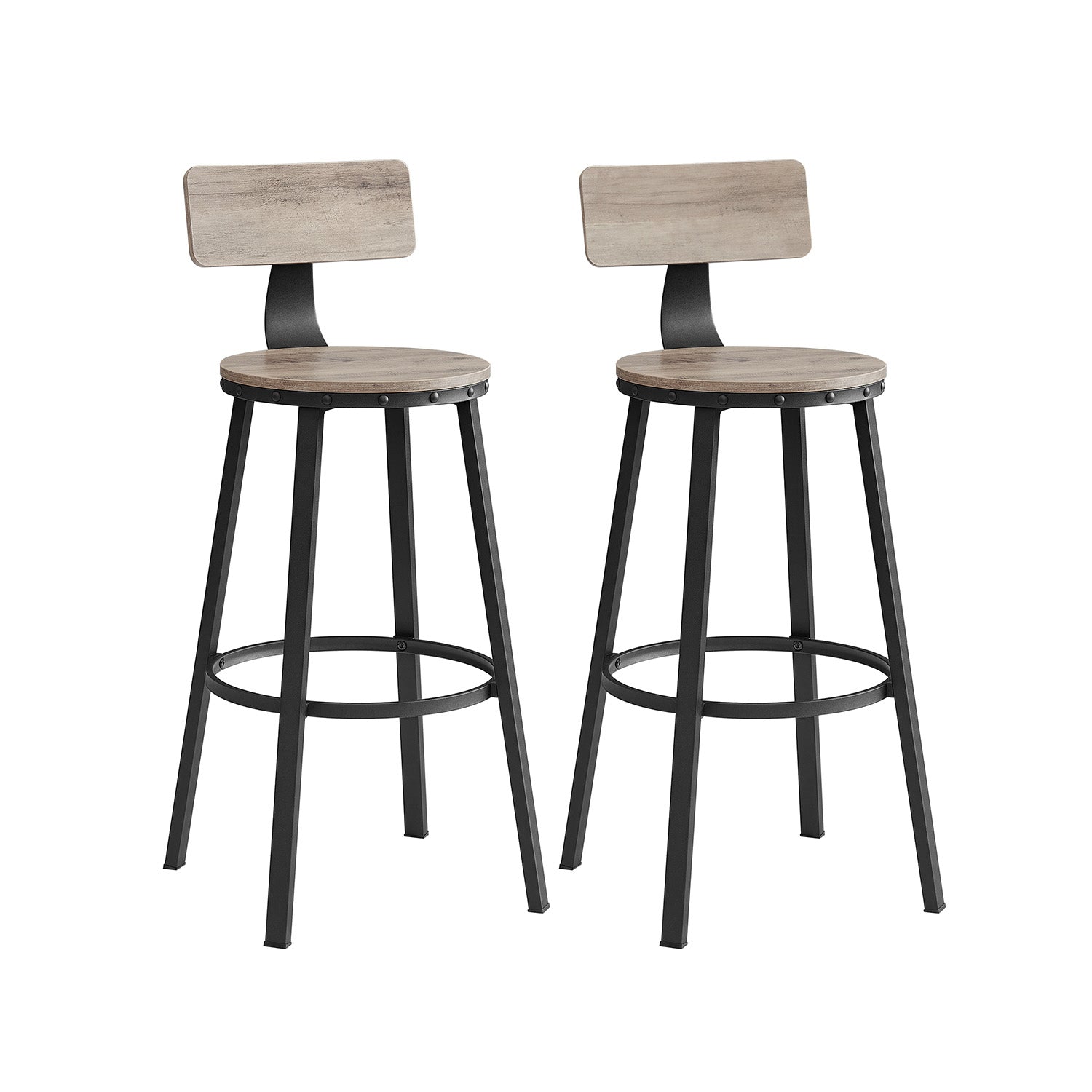 Set of 2 Bar Stools – Heavy-Duty Steel – Heather Greige and Ink Black – Backrest and Industrial Design