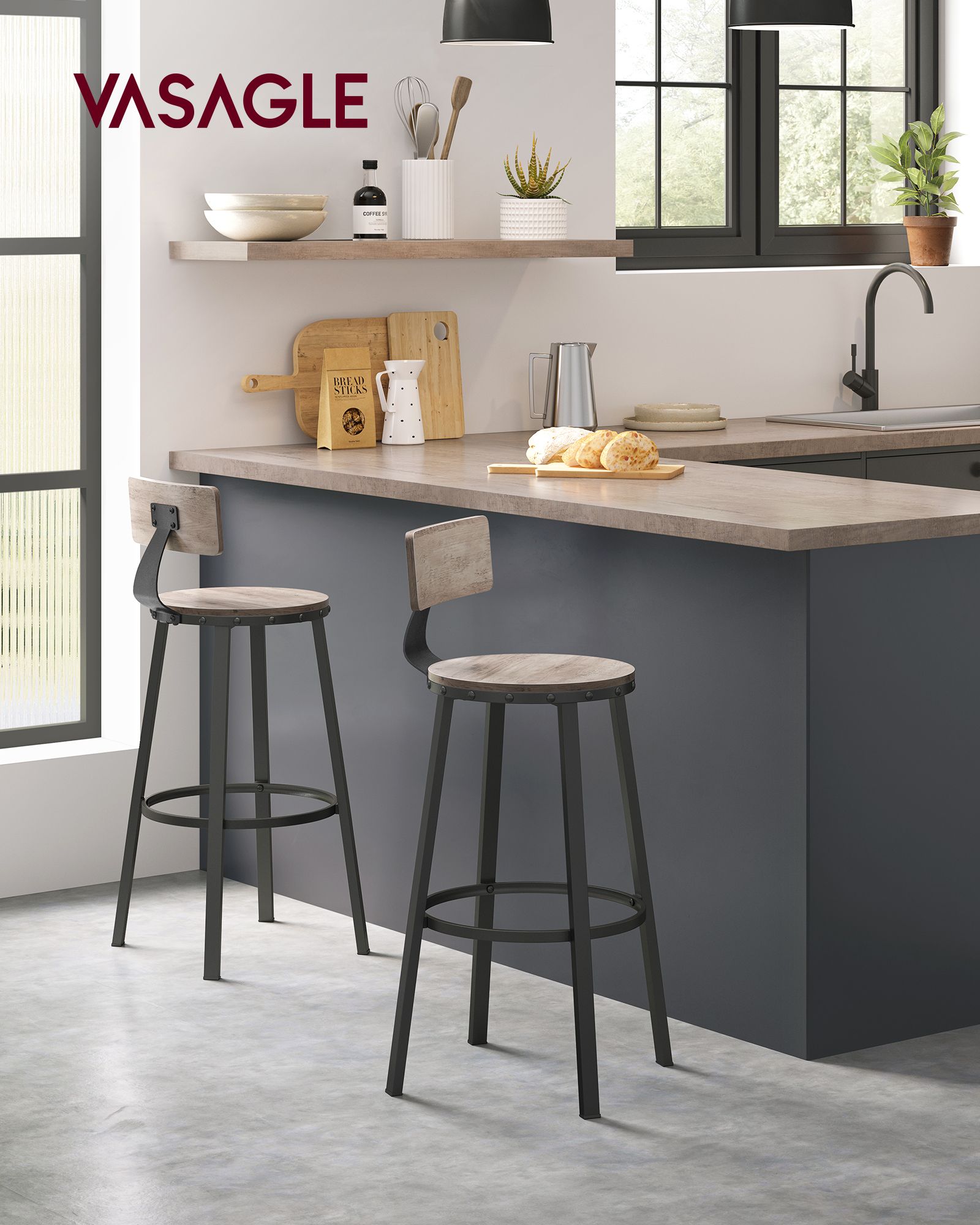 Set of 2 Bar Stools – Heavy-Duty Steel – Heather Greige and Ink Black – Backrest and Industrial Design