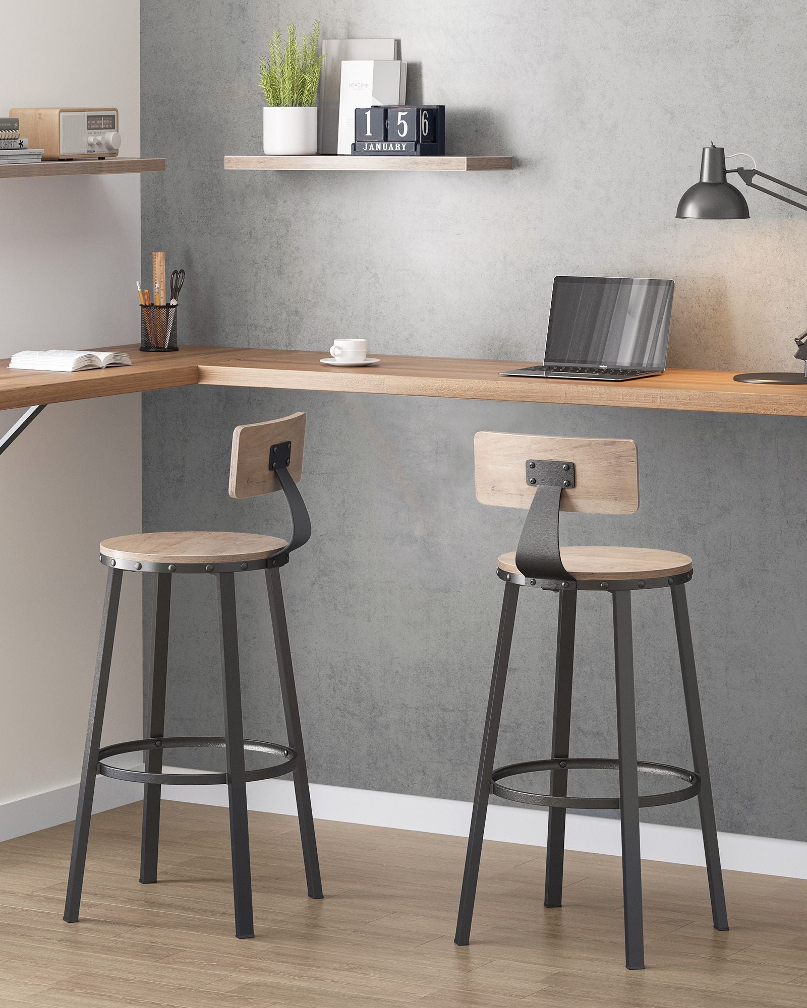 Set of 2 Bar Stools – Heavy-Duty Steel – Heather Greige and Ink Black – Backrest and Industrial Design