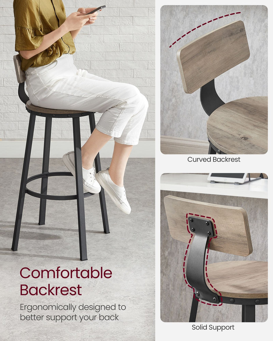 Set of 2 Bar Stools – Heavy-Duty Steel – Heather Greige and Ink Black – Backrest and Industrial Design