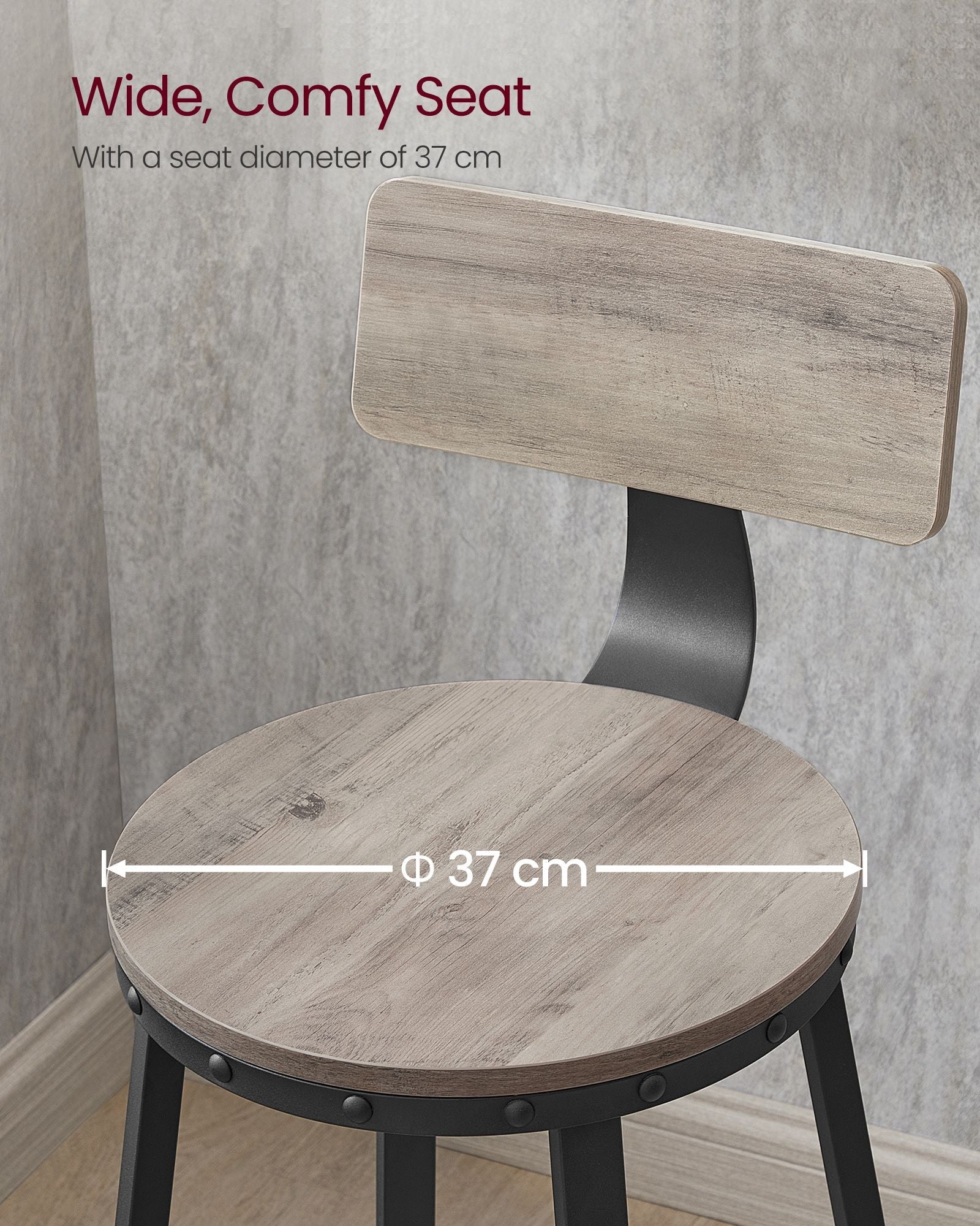 Set of 2 Bar Stools – Heavy-Duty Steel – Heather Greige and Ink Black – Backrest and Industrial Design