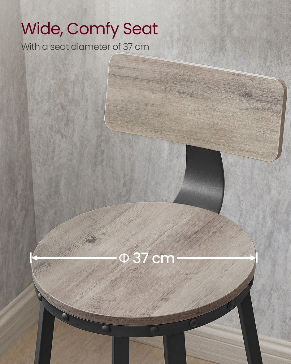 Set of 2 Bar Stools – Heavy-Duty Steel – Heather Greige and Ink Black – Backrest and Industrial Design