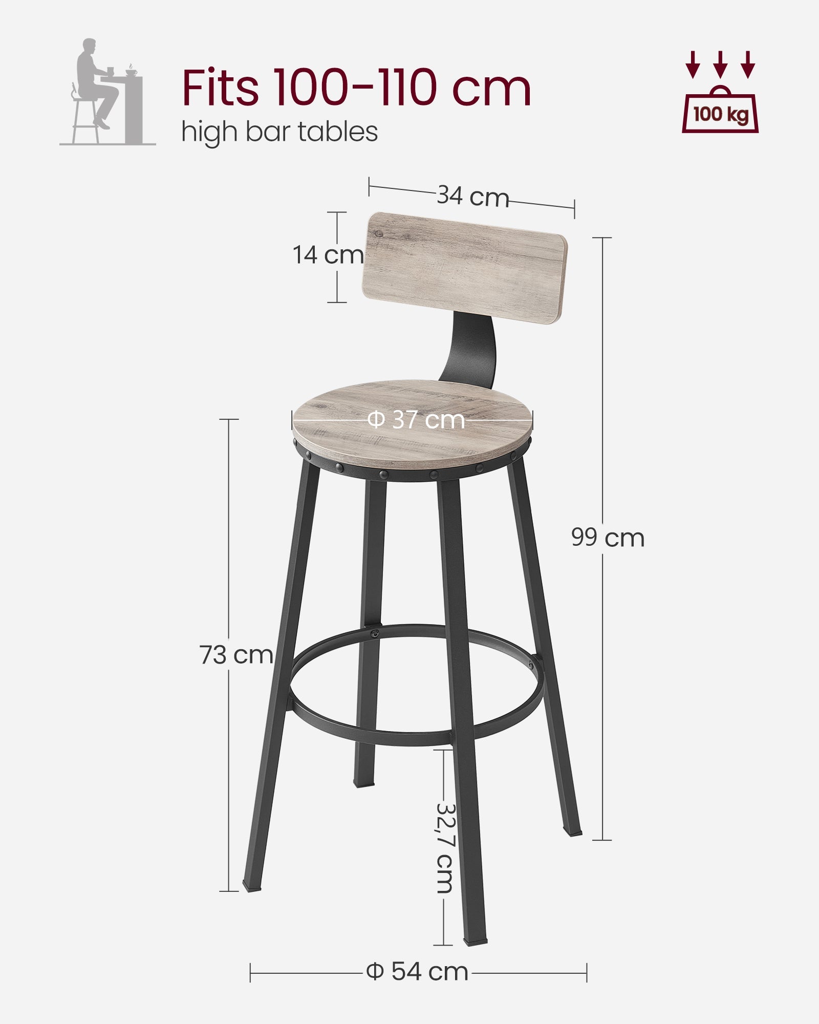 Set of 2 Bar Stools – Heavy-Duty Steel – Heather Greige and Ink Black – Backrest and Industrial Design