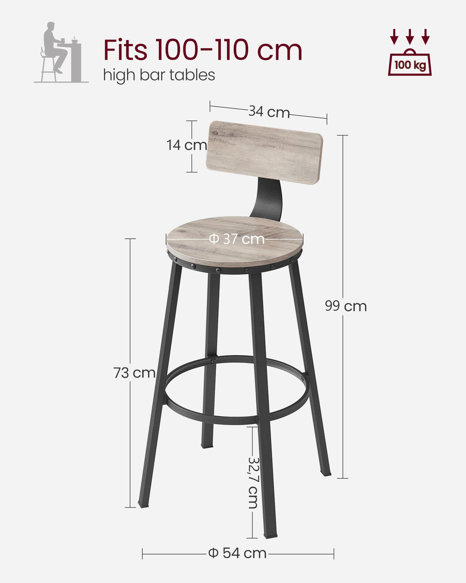 Set of 2 Bar Stools – Heavy-Duty Steel – Heather Greige and Ink Black – Backrest and Industrial Design