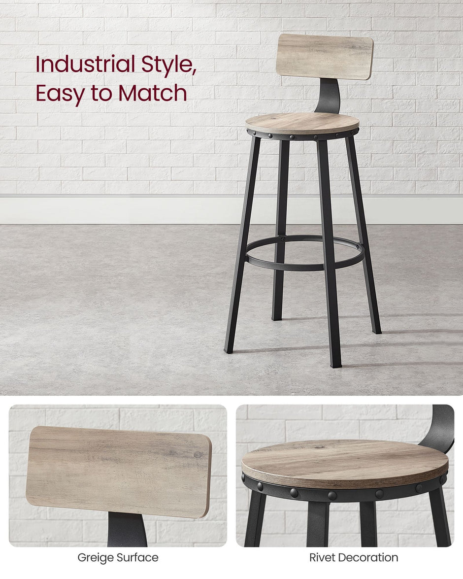 Set of 2 Bar Stools – Heavy-Duty Steel – Heather Greige and Ink Black – Backrest and Industrial Design