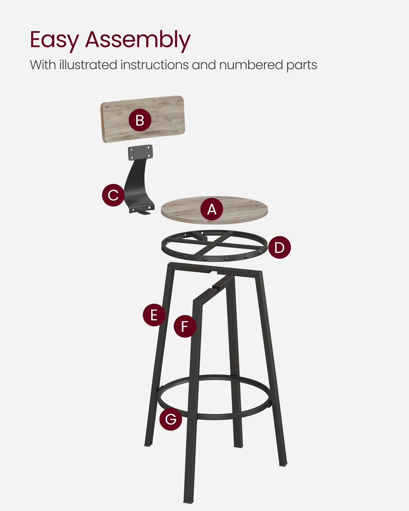 Set of 2 Bar Stools – Heavy-Duty Steel – Heather Greige and Ink Black – Backrest and Industrial Design