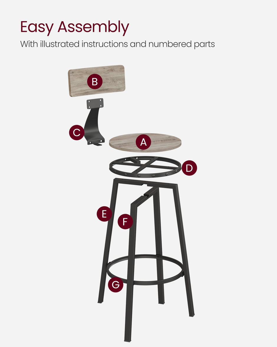 Set of 2 Bar Stools – Heavy-Duty Steel – Heather Greige and Ink Black – Backrest and Industrial Design