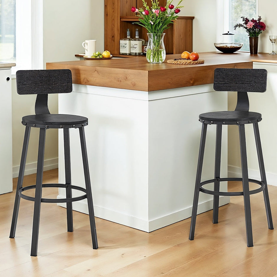 Bar Stools Set of 2 – Heavy-Duty Steel – Rustic Brown and Black – Industrial Design, Bar Height with Backrest