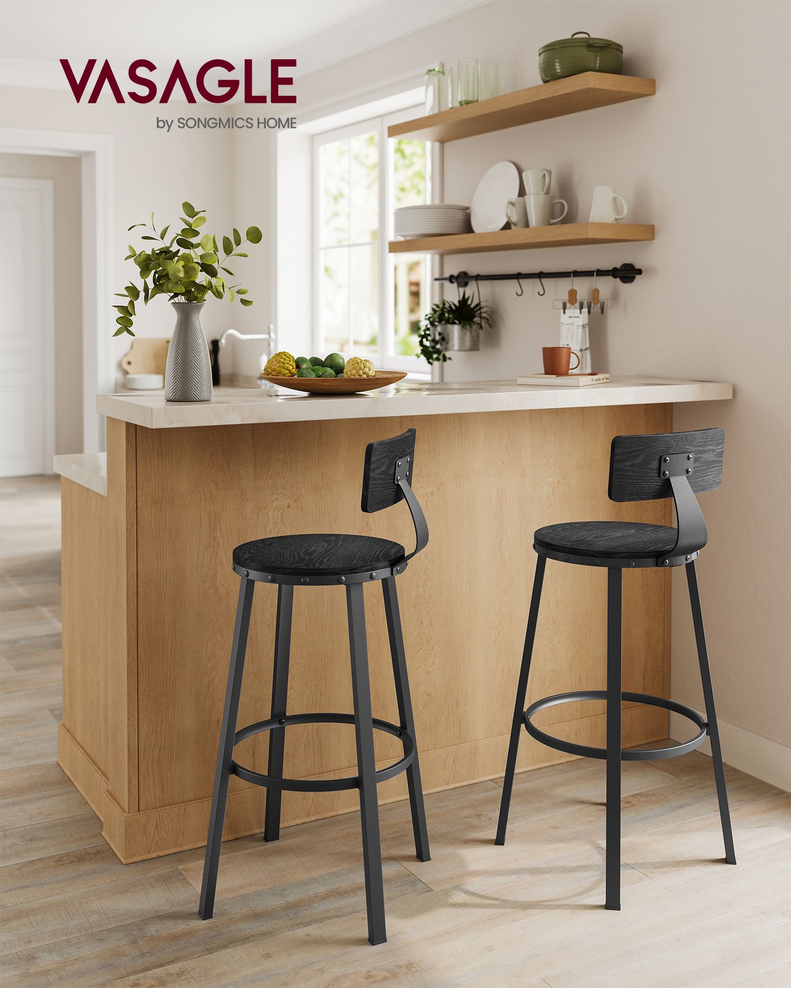 Tall Bar Stools – Heavy-Duty Steel – Rustic Brown and Black – Backrest Design, Easy Assembly, 73.2 cm High Seat