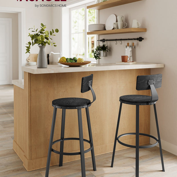 Tall Bar Stools – Heavy-Duty Steel – Rustic Brown and Black – Backrest Design, Easy Assembly, 73.2 cm High Seat