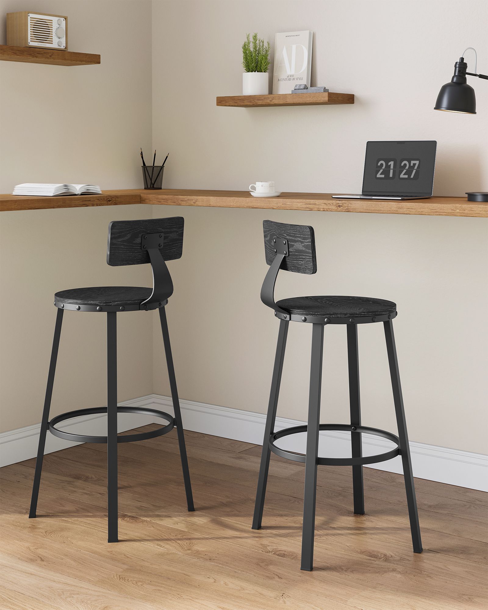 Tall Bar Stools – Heavy-Duty Steel – Rustic Brown and Black – Backrest Design, Easy Assembly, 73.2 cm High Seat