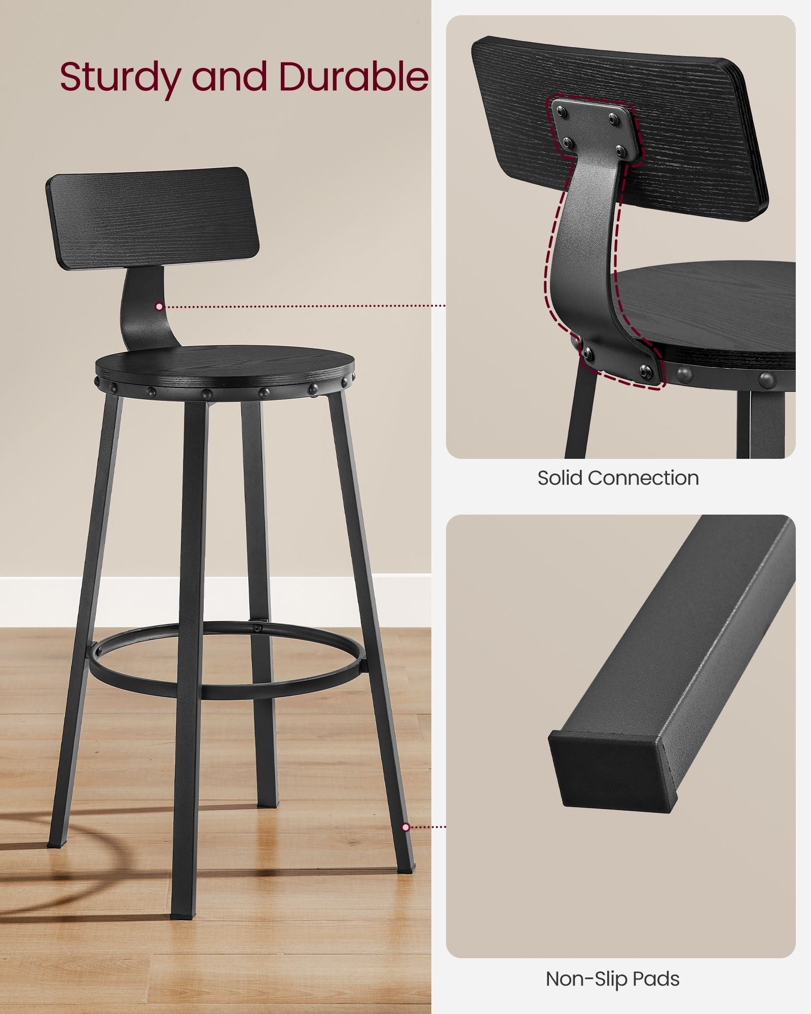 Tall Bar Stools – Heavy-Duty Steel – Rustic Brown and Black – Backrest Design, Easy Assembly, 73.2 cm High Seat