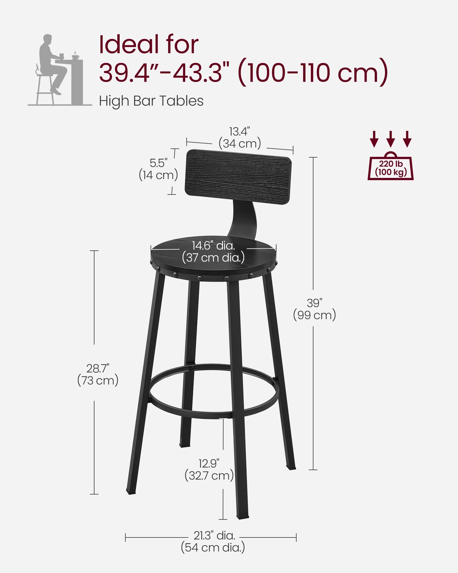 Tall Bar Stools – Heavy-Duty Steel – Rustic Brown and Black – Backrest Design, Easy Assembly, 73.2 cm High Seat