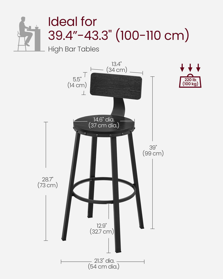 Tall Bar Stools – Heavy-Duty Steel – Rustic Brown and Black – Backrest Design, Easy Assembly, 73.2 cm High Seat